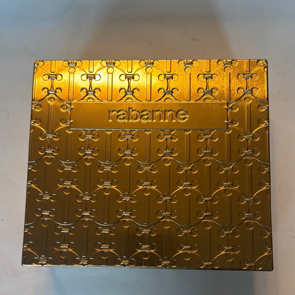 PACO RABANNE Gold Tone Metal Keepsake Tin Box 7.5x8.5x3” NWOT